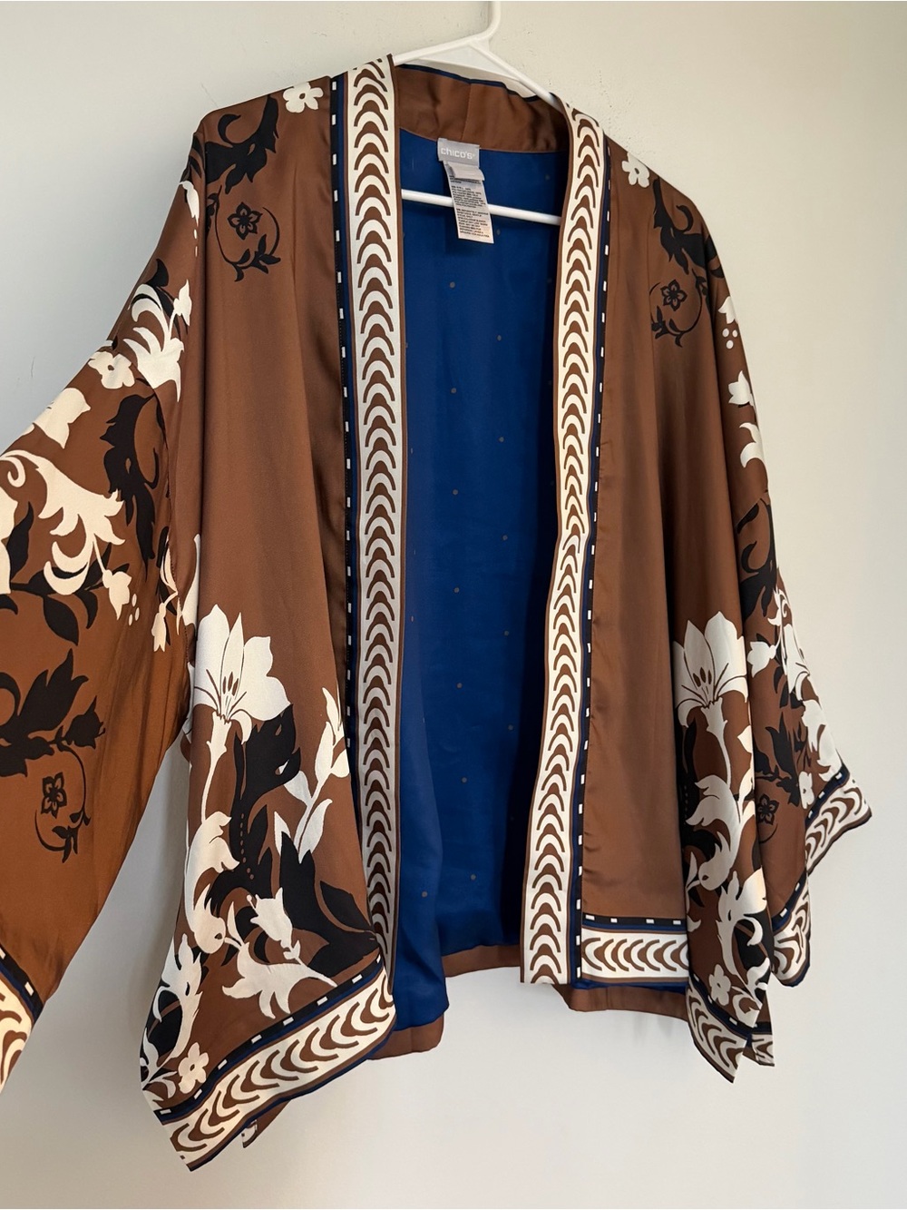 Chico's Brown Floral-Print Open Kimono with Navy Interior-Size L/XL - Picture 3 of 12